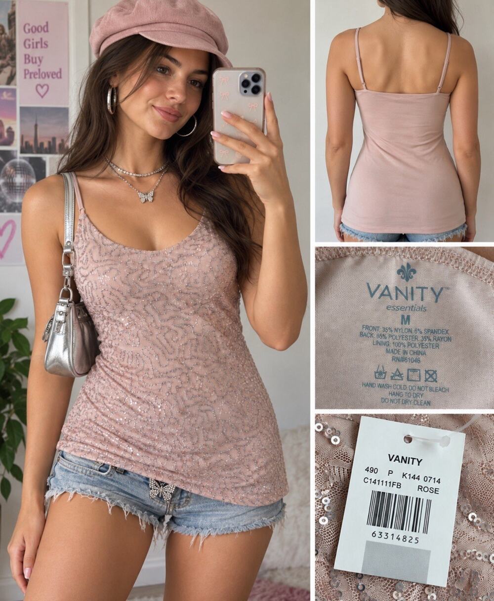 NWT Y2K Layering Soft Girl Vanity Essentials Fitted Sequin Lace Cami Size M Rose